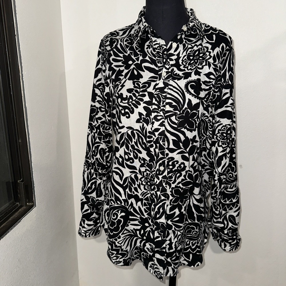 Ralph Lauren Black Floral Linen Button Up‎ Shirt Long Sleeve Size M Black Label - Picture 2 of 10